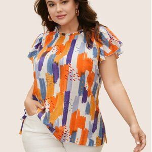 Bloomchic Brush Print Split Side Cap Sleeve Blouse - Size 10 Medium
